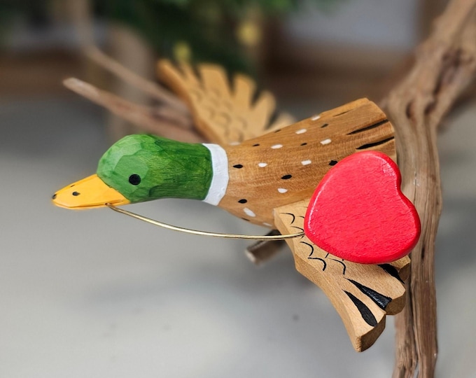Handcrafted Mallard Duck with Red Heart Clip-On Wooden Ornament – Valentine’s Day Gift, Rustic Wildlife Décor, Romantic Wooden Keepsake