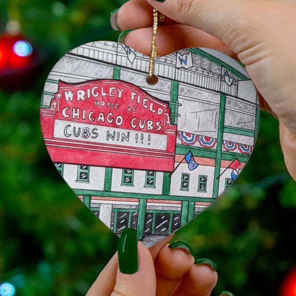 Wrigley Field Ornament - Chicago Cubs Watercolor Art Illustration - Hand Painted Artwork Print - Fly the W - Christmas Baseball Fan Gift