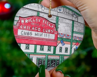 Wrigley Field Ornament - Chicago Cubs Watercolor Art Illustration - Hand Painted Artwork Print - Fly the W - Christmas Baseball Fan Gift