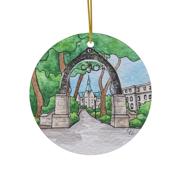 NU Ceramic Ornament - Northwestern University - Heart or Circle Hand Painted Watercolor Art Print - Home Decor Gift - Wildcats - Weber Arch