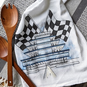 Kitchen/Tea Towel IMS (Indianapolis Motor Speedway) Pagoda with Racing Flags - Art Print - Indy Home Decor - Watercolor