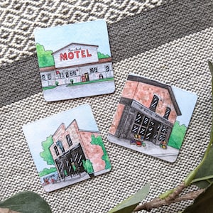Magnets - Schitts Creek (Rosebud Motel, Cafe Tropical, Rose Apothecary) Hand Painted Watercolor Artwork Print - set of 3