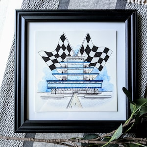 Art Print - IMS Indianapolis Motor Speedway Pagoda w Racing Flags -  Indy 500 Hand Painted Watercolor Artwork - Motorsports Home Decor Gift