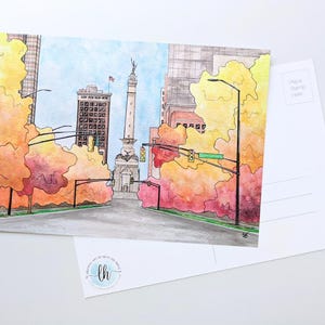 Cartão postal - Centro de Indy no outono - Ilustração de arte - Presente da cidade de Indianápolis, Indiana - Impressão de arte desenhada à mão - Decoração exclusiva para casa