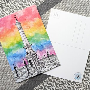 Postcard - Indy Art - Indianapolis, IN - LGBTQ+ Pride - Monument Hand Painted Watercolor Art Print - Home Decor - Rainbow Watercolor Gift