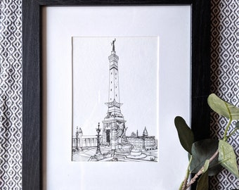 Indy Soldiers and Sailors Monument - Hand Drawn Artwork of Indianapolis, IN - Home Decor Wall Art Gift - Framed Illustration - Downtown