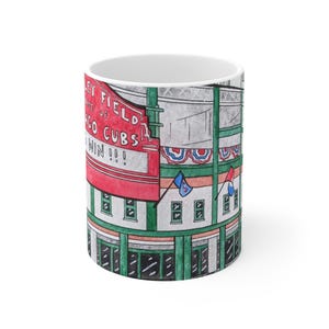 Caneca Wrigley Field - Chicago Cubs - Impressão artística de obra de arte em aquarela pintada à mão - Decoração para casa - Voe com a vitória - Xícara de café de cerâmica de 325 ml