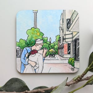 Coaster - Carmel Kissing Sculpture Watercolor Artwork Print - Indiana IN Gift - Hand Painted Art - Unique Home Decor - Indy Holiday