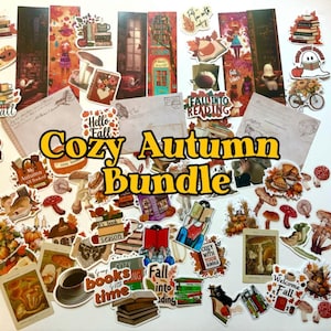 Pode incluir: Uma coleção de autocolantes, marcadores e artigos de papelaria com tema de outono. Os autocolantes apresentam folhas de outono, cogumelos, livros e o texto "Cozy Autumn Bundle". A paleta de cores inclui tons quentes de laranja, castanho e amarelo.