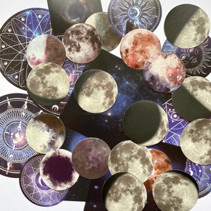 May include: A collection of celestial-themed stickers featuring various phases of the moon, planets, and cosmic patterns. The stickers showcase a range of colors, including shades of gray, purple, and orange, with intricate details and designs. Some stickers are circular, while others are square.