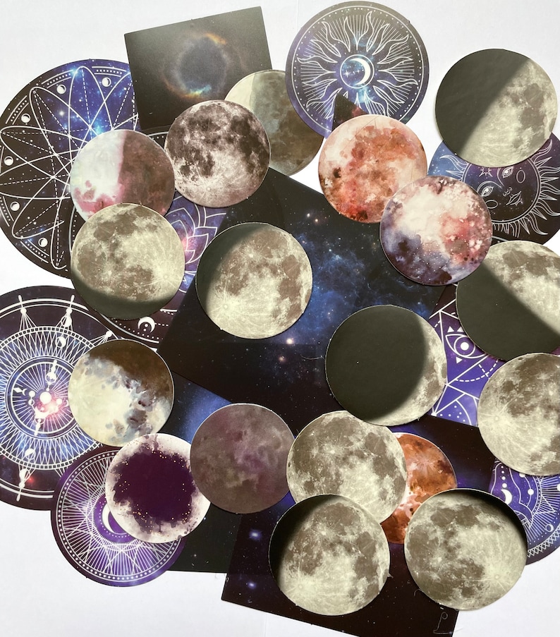 May include: A collection of celestial-themed stickers featuring various phases of the moon, planets, and cosmic patterns. The stickers showcase a range of colors, including shades of gray, purple, and orange, with intricate details and designs. Some stickers are circular, while others are square.