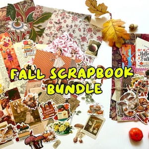 Può includere: Un pacchetto di scrapbooking a tema autunnale con vari fogli di carta fantasia, adesivi e abbellimenti. Il pacchetto include disegni floreali e a tema autunnale, con il testo "FALL SCRAPBOOK BUNDLE" in giallo. Include foglie decorative e piccoli frutti rossi.