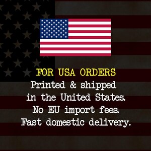 May include: The United States flag is displayed above text that reads: FOR USA ORDERS. Printed & shipped in the United States. No EU import fees. Fast domestic delivery. The background features a dark, stylized version of the American flag.