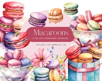 Macarons de acuarela: 13 imágenes PNG con fondo transparente (descarga digital)
