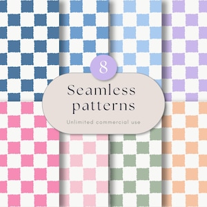Könnte beinhalten: Eine digitale Sammlung von acht nahtlosen Mustern mit einem sich wiederholenden Schachbrettdesign mit gewellten Kanten. Die Farbpalette umfasst dunkelblaue, mittelblaue, hellblaue, violette, rosa, hellrosa, salbeigrüne und pfirsichfarbene Quadrate auf Weiß.