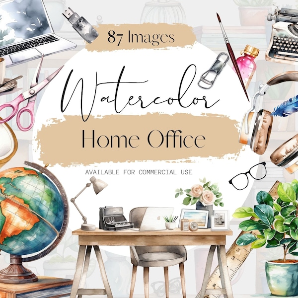 Home Office Watercolor Clipart png, 87 Transparent PNGs, Workspace, Productive Modern and Retro Designs, Cozy, Creative Home Office Graphics