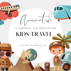 Kids Travelling Andventures Animated Abstract Transparent PNG Clipart Bundle, Travel Journal stickers, Planes, Mountains, Kids
