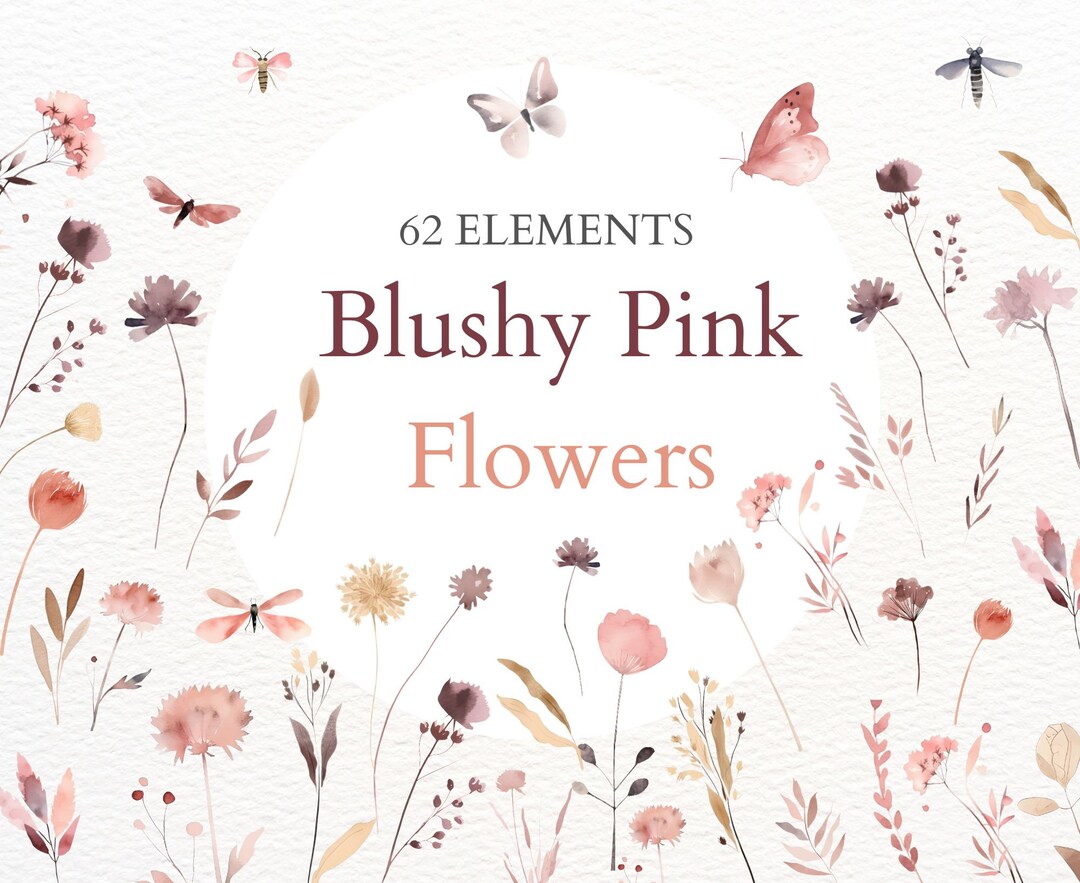 Blush Pink Watercolor Flower Clipart: Butterflies & Leaves (digital ...