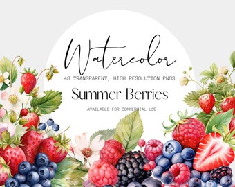 Summer Berries Watercolor Clipart png, Transparent PNGs, Strawberry, Raspberry, Blueberry, Blackberry, Cherry