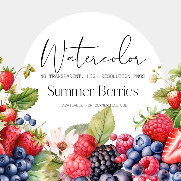 Summer Berries Watercolor Clipart png, Transparent PNGs, Strawberry, Raspberry, Blueberry, Blackberry, Cherry