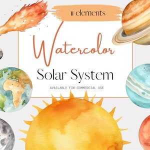 Sonnensystem Aquarell Clipart, 11 transparente PNG-Bilder, Clipart für den kommerziellen Gebrauch, für Poster, Spiele, Karteikarten und mehr
