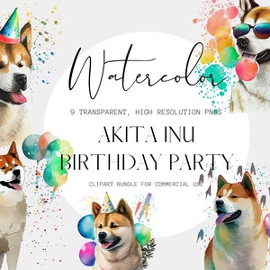 Akita Inu Dog Birthday Party Watercolor Clipart, Transparent PNGs, Clipart for Commercial Use