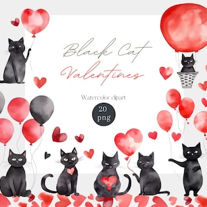 Valentinstag Aquarell Clipart mit schwarzer Katze und transparentem Hintergrund, 20 png, Illustrationen für die Kartenherstellung zum Selbermachen, Liebe, Katzen