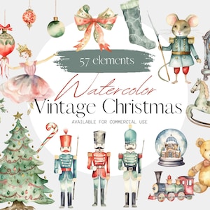 Clipart de aquarela de Natal da era vitoriana com fundo transparente, decoração sazonal e molduras, ilustração de quebra-nozes,