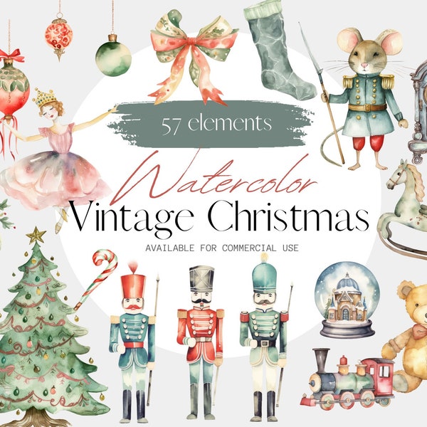 Victorian Era Christmas Watercolor Clipart With Transparent Background, Seasonal Decoration and Frames, Nutcracker Illustration,