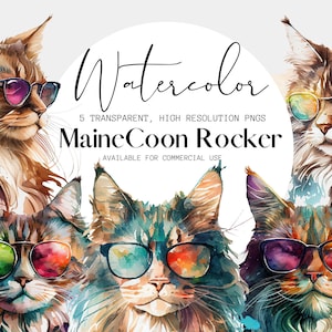 Cat Rocker Watercolor Clipart, MaineCoon Cat Biker Transparent PNGs, Clipart for Commercial Use, Cute Cat With Sunglasses