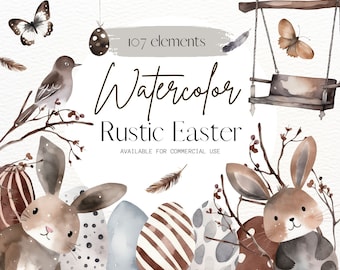 May include: Watercolor illustrations of Easter eggs, bunnies, birds, and a swing set in a rustic style. The text "Watercolor Rustic Easter" is included in the image.