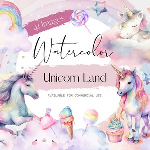 Unicorn Land Watercolor Clipart, 41 Transparent PNG Images, Clipart for Commercial Use, Kids, Cup Cakes, Ice Cream, Clouds, Rainbows, Stars