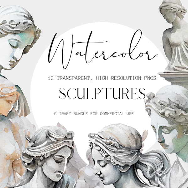 Greek Women Sculptures Watercolor Clipart With Transparent Background, Antique Greek Sculptures, Vintage Cultural Images