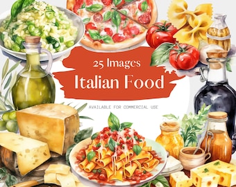 Imágenes prediseñadas de comida italiana en formato PNG: 25 ilustraciones en acuarela para menús, invitaciones y uso comercial / Descarga digital