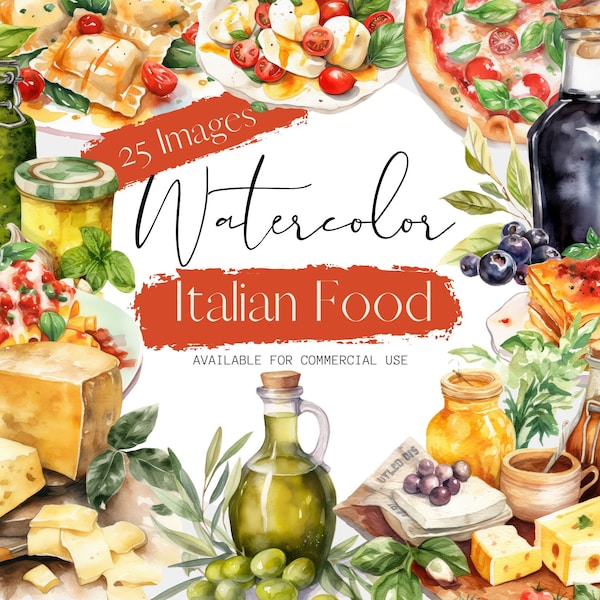 Clipart aquarelle de cuisine italienne, 25 fichiers PNG transparents, cuisine italienne - pâtes, lasagnes, balsamique, huile d'olive, fromage, etc. pour les gourmets