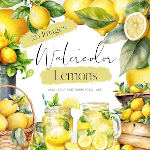 Lemons Watercolor Clipart png, 26 Transparent PNGs, Summer refreshments, Lemon water, Juice, Lemons in a basket, Yellow