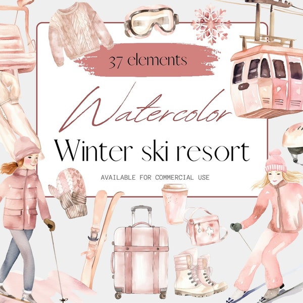 Pink Ski Resort Watercolor Clipartpng, 37 Transparent PNGs, Snow Mountains Travel Trip, Winter Wonderland, Cozy Cabin, Winter Magic