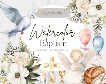 May include: Watercolor illustrations of baptism elements, including a dove, flowers, a cross, a chalice, a candle, a loaf of bread, a baby angel, and balloons. The text "Watercolor Baptism" is written in a decorative font.