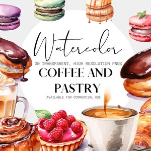 Koffie en gebak aquarel clipart png, transparante PNGs, voedsel, kaneelbroodje, eclair, taart, chocolade, bitterkoekjes, canele, pastel de nata