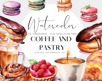 May include: Watercolor illustrations of coffee and pastries, including a croissant, a chocolate eclair, a cinnamon roll, a raspberry tart, a cup of coffee, and macarons in various colors. The text "Watercolor 30 Transparent, High Resolution PNGs Coffee and Pastry Available for Commercial Use" is also included.
