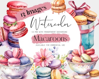 Macarons de acuarela: 13 imágenes PNG con fondo transparente (descarga digital)