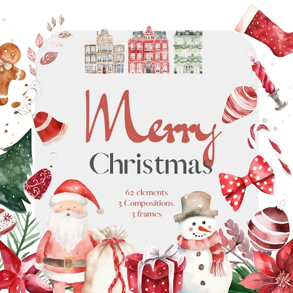 Classic Christmas Elements Watercolor Clipart With Transparent Background, Seasonal Decoration, frames and composition, cards and gift tags