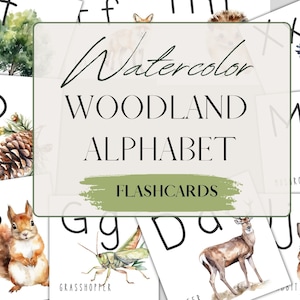 Woodland ABC Flashcards With Watercolor Illustration for Montessori Learning, Educational Game, Classroom, Homeschooling