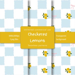 May include: Seamless patterns featuring a checkered design with light blue squares and lemons. The image includes text that reads "Checkered Lemons" and "Unlimited commercial use". The patterns are available as 3 PNG files with a 3000x3000px resolution.