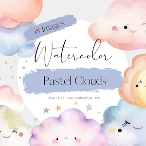 Pastel Clouds Watercolor Clipart, 18 Transparent PNG Images, Dreamy Smiling Clouds with Stars Clipart for Commercial Use