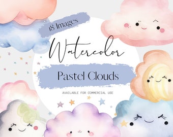 Pastel Clouds Watercolor Clipart, 18 Transparent PNG Images, Dreamy Smiling Clouds with Stars Clipart for Commercial Use