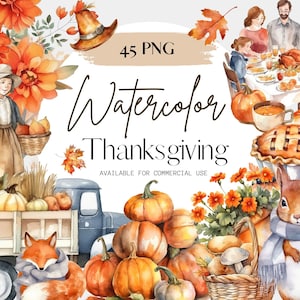 Watercolor Thanksgivig png, 45 Transparent PNGs, Harvest Feast, Pilgrims, Turkey, Autumn leaves, Fall landscape, Wreath