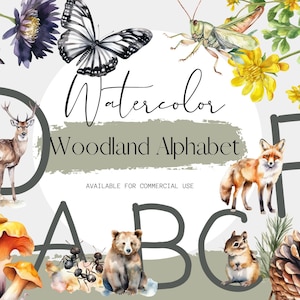 Forest Animals ABC Watercolor Clipart With Transparent Background, Woodland Animal Alphabet 56 Images, Commercial Use,Posters, Games, Cards