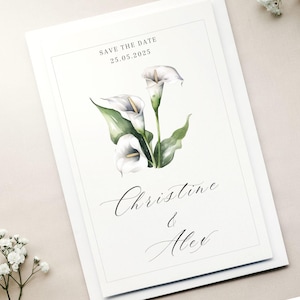 Calla Lilie Minimalistische Ästhetik Speichern Sie das Datum Canva Vorlage, weiße Blume Hochzeit Briefpapier, Digital Sofort Download, 13x18, moderne Evite