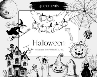 Pacchetto di clipart scarabocchi di Halloween: 41 illustrazioni PNG trasparenti (download digitale)